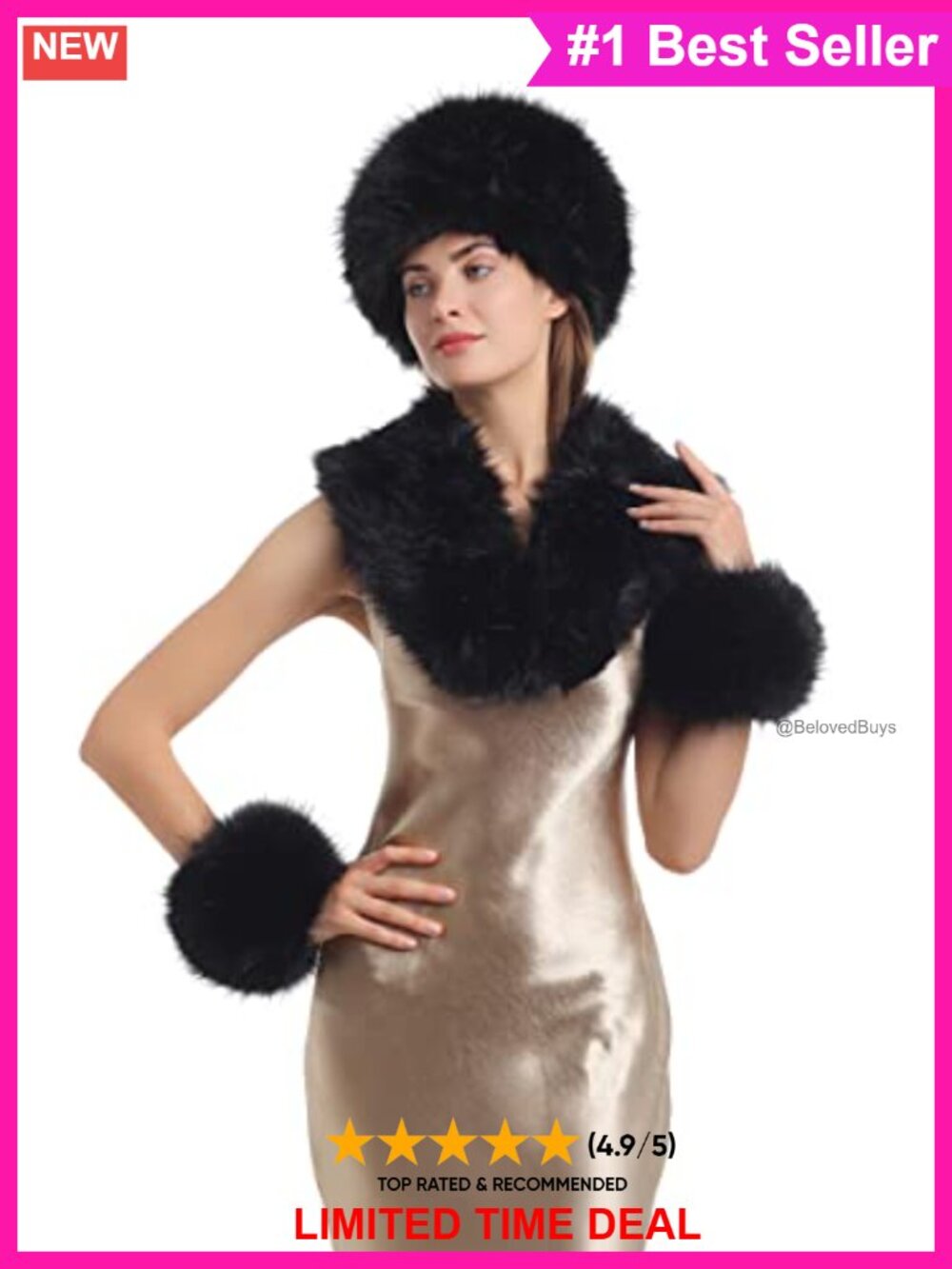 Faux Fur Hat Collar Scarf Wrist Cuffs 3 PCS Set Winter Warm